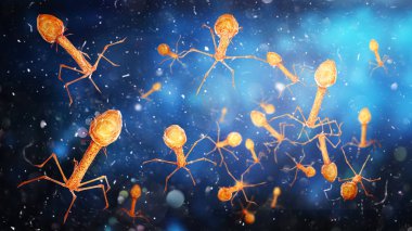 Microbiology concept. Bacteriophages on a blurred background. 3d illustration clipart