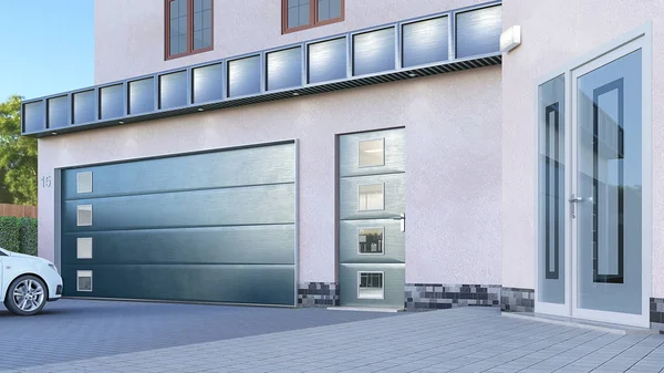 Ingresso garage con porte sezionali. Illustrazione 3d — Foto Stock