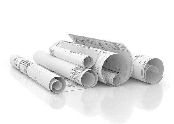Progetti di costruzione cianografie in fila isolato illustrazione 3d — Foto Stock