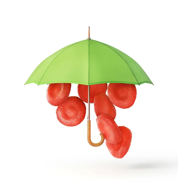 Захист біології. Кров'яні клітини під парасолькою ізольовані на білому. 3d ілюстрація — стокове фото