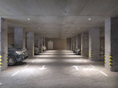 Beton kolonlar ve arabalarla yeraltı otoparkı, 3d illu.