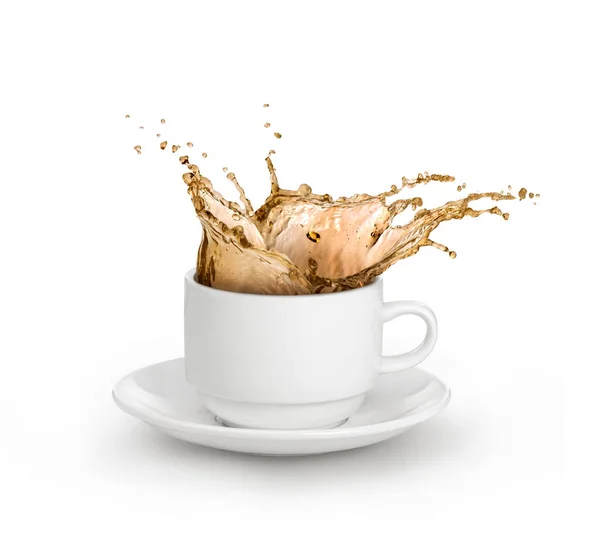 Koffie Splash in witte beker geïsoleerd — Stockfoto