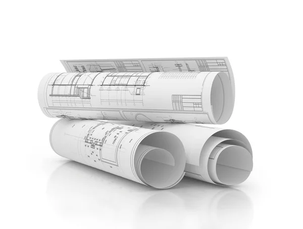 Blueprints construction projects, plans in row isolated 3d illus — Stock Photo, Image
