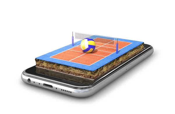 Voleybol sahası akıllı telefondadır. 3d illüstrasyon — Stok fotoğraf