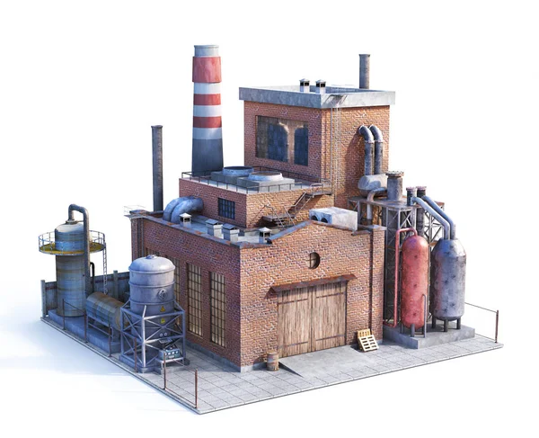 แนวคิดเรื่องมลพิษ โรงงานเก่าที่แยกจากสีขาว อุตสาหกรรม ภาพ 3 มิติ — ภาพถ่ายสต็อก