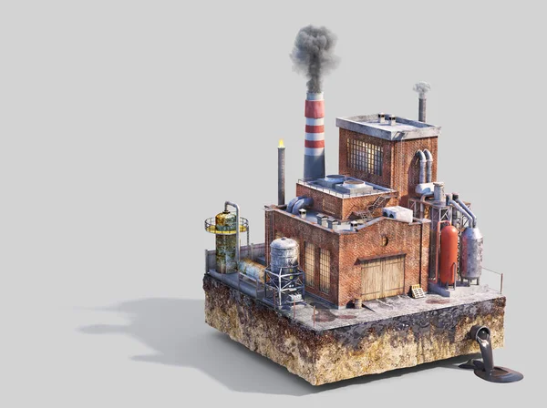 Pollution concept. Old factory on gray background. Industry. 3d illustration — ストック写真