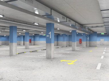 Büyük, boş, iyi aydınlatılmış yeraltı otoparkı, 3 boyutlu illüstrasyon.