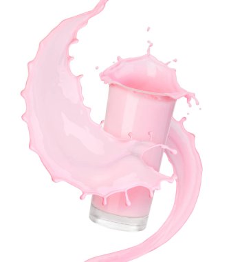 Beyaz arkaplanlı sütlü çilekli smoothie.