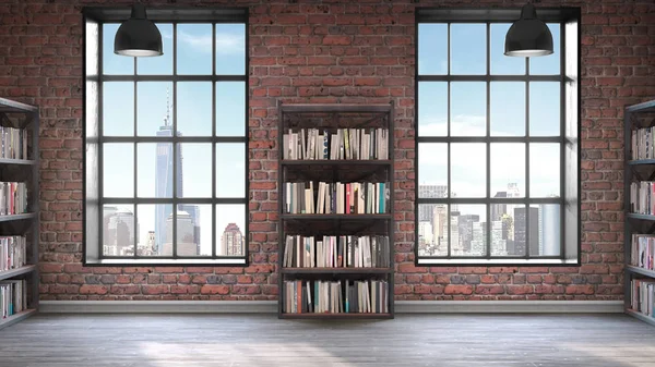 Bücherregale, Innenausstattung im Loft-Stil, Betonboden mit zwei großen Fenstern — Stockfoto