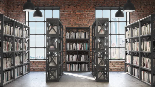 Bookshelves,Loft style interior, concrete floor with two big windows — Stock Photo, Image