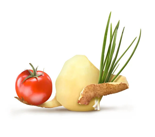 Papa, cebolla y tomate sobre un fondo blanco — Foto de Stock