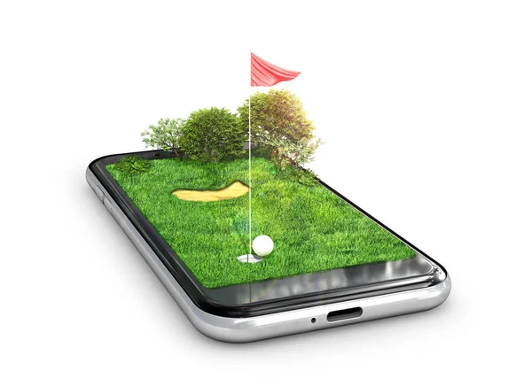 高尔夫球场在一个手机上。 3d说明 — 图库照片