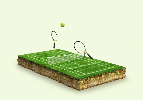 Tennisbaan op de grond met een geologische doorsnede van de bodem. 3d illustratie — Stockfoto