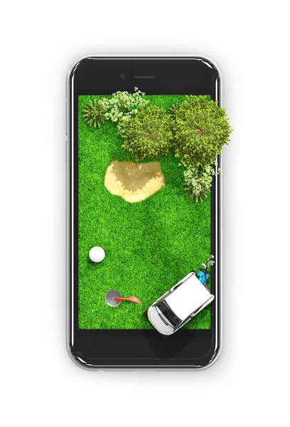 Γήπεδο γκολφ. Παιχνίδι σε κινητό τηλέφωνο. Θέα από ψηλά. 3D εικονογράφηση — Φωτογραφία Αρχείου