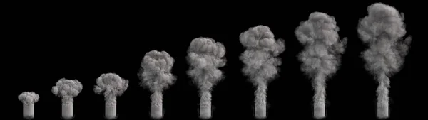 Fluxo de fumaça em diferentes estágios de desenvolvimento isolado em um preto. ilustração 3d — Fotografia de Stock