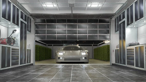 Garage interno con porte sezionali. Illustrazione 3d — Foto Stock