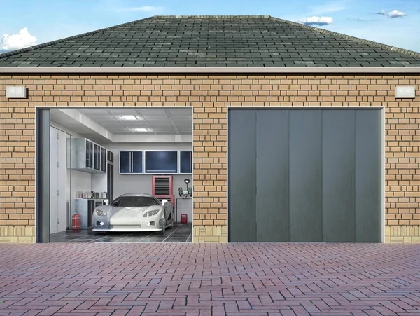 Garage esterno con porte sezionali. Illustrazione 3d — Foto Stock