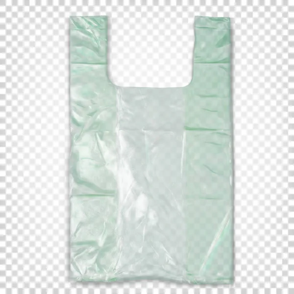 Grüne transparente Einweg-Einkaufstasche aus Kunststoff. zusammengefaltet an die Oberfläche. Blick von oben. Vektor 3D realistische Darstellung isoliert auf transparentem Hintergrund. — Stockvektor