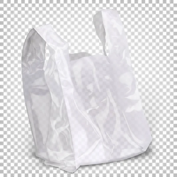 Пластиковый пакет белого прозрачного цвета, стоящий на поверхности. Векторная 3D реалистичная иллюстрация на белом фоне . — стоковый вектор