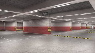 Büyük boş yeraltı otoparkı, kırmızı ve beyaz tuğla duvar, 3D illüstrasyon