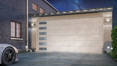 Bölüm kapılı garaj girişi. 3d illüstrasyon
