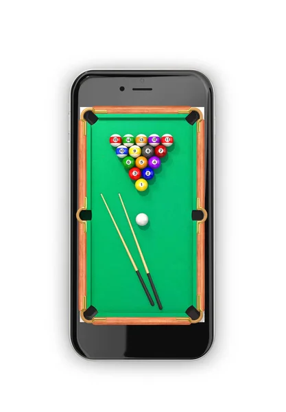 Green pool table with balls and cue. View from above. Smartphone. 3d illustration — Stockfoto