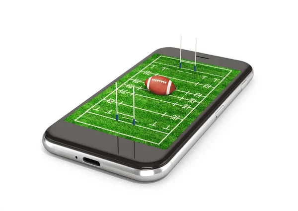 럭비를 위한 밭. 스마트폰에 공 이있는 미식 축구입니다. 3D 삽화 — 스톡 사진