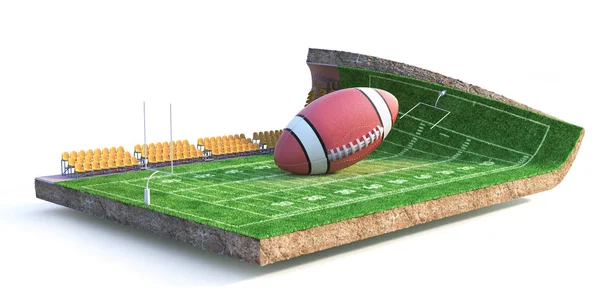Спортивная концепция. Американское футбольное поле на куске земли — стоковое фото