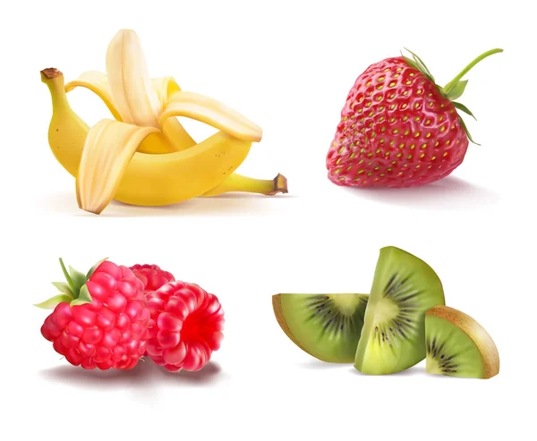 Kiwi, banaan, frambozen, aardbeien. Vectorillustratie. — Stockvector