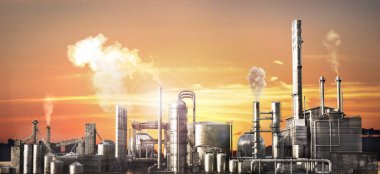 Sanayi konsepti. Dumanlı büyük bir fabrika. 3d illüstrasyon