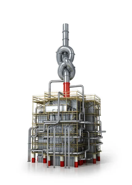 Koncept znečištění životního prostředí. Trubka s uzlem v továrně. 3D ilustrace — Stock fotografie