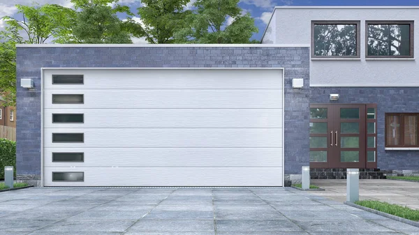 Ingresso garage con porte sezionali. Illustrazione 3d — Foto Stock