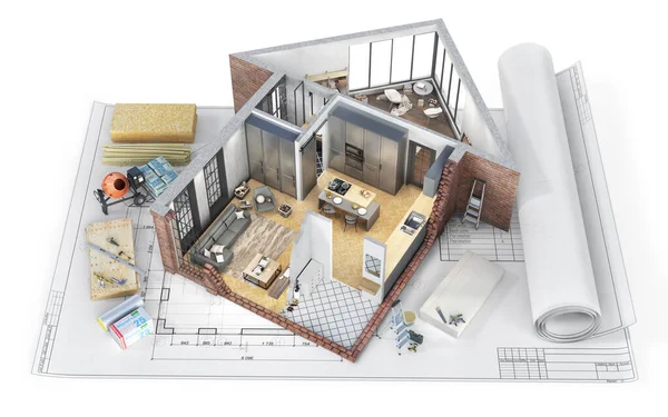 Szeletelt Ház Belső Formájában Ház Tervrajzokkal Építési Folyamat Fehér Alapon — Stock Fotó