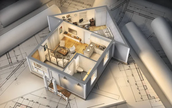 Maison Tranchée Avec Intérieur Forme Maison Nuit Avec Des Plans — Photo