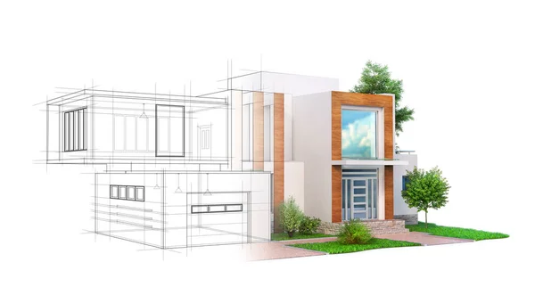Two story house architectural sketch on a white background