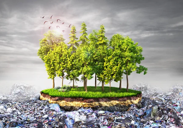 Eco Concept Isola Con Alberi Sul Campo Immondizia Illustrazione — Foto Stock