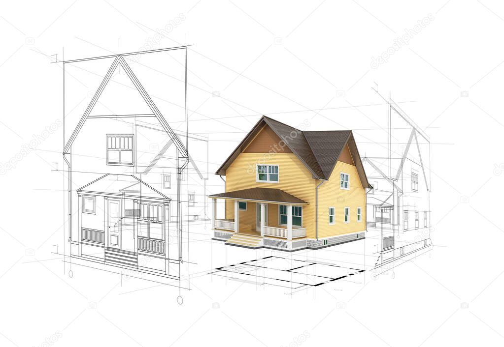 Architectural sketch home project 3d on white background