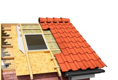 Çatı kaplaması ve pencere kurulumu, 3d illüstrasyon