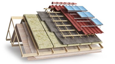 Katmanlı çatı kaplama şeması ve güneş pilleri kurulumu, 3d illüstrasyon