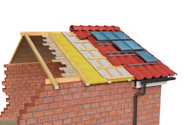 Bitmemiş çatı işleri ve güneş pilleri kurulumu, 3D illüstrasyon