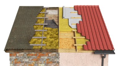 Eski hasarlı çatı yerine katman katman yeni çatı kuruluyor, 3d illüstrasyon 