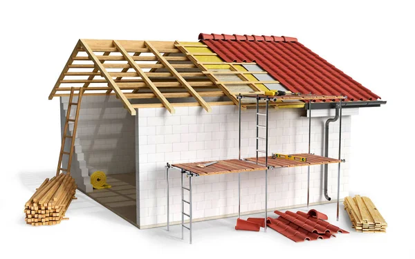 屋根の半分が覆われた部分的に建てられた家 3Dイラスト — ストック写真