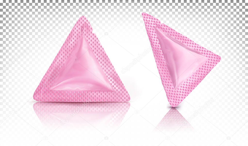 Triangular pink sachets for cosmetics, cream, shampoo. Mock up, template for design presentation isolated on transparent background.