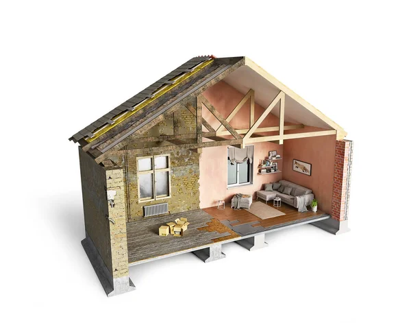 房屋和屋顶的旧的肮脏损坏部分和新的翻新后的生活区 3D说明 — 图库照片