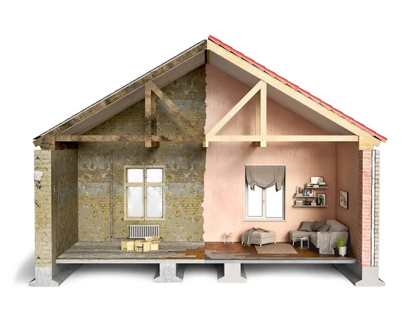 Half Old Half New House Cross Section Illustration — Stock Photo, Image