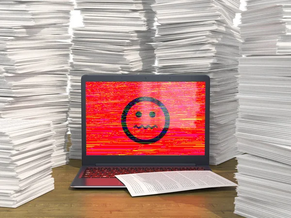 Smiley Laptop Och Dokument Pappersbunt Illustration — Stockfoto