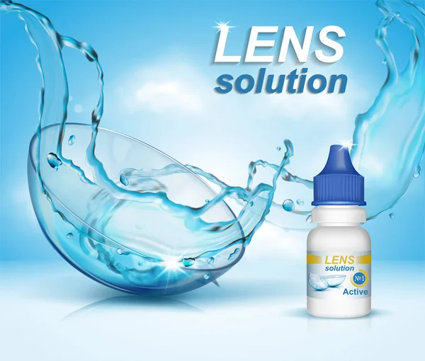 Medical Contact Lenses Solution Processing Lenses Water Splash Vector Illustration — Stock Vector