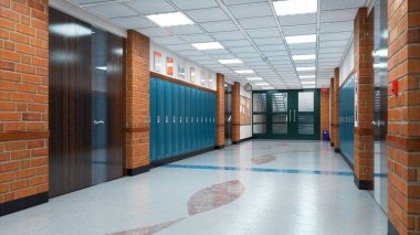 Okul koridorunun iç tarafında. 3d illüstrasyon