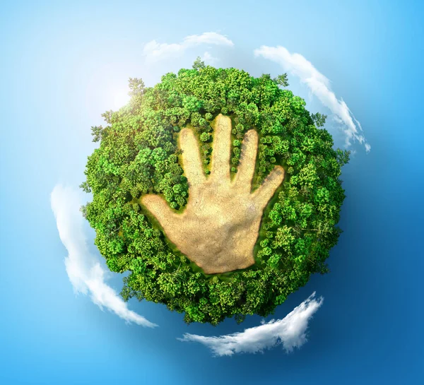 Эко Концепция Отпечаток Пустыни Виде Человеческой Руки Зеленой Планете Иллюстрация — стоковое фото