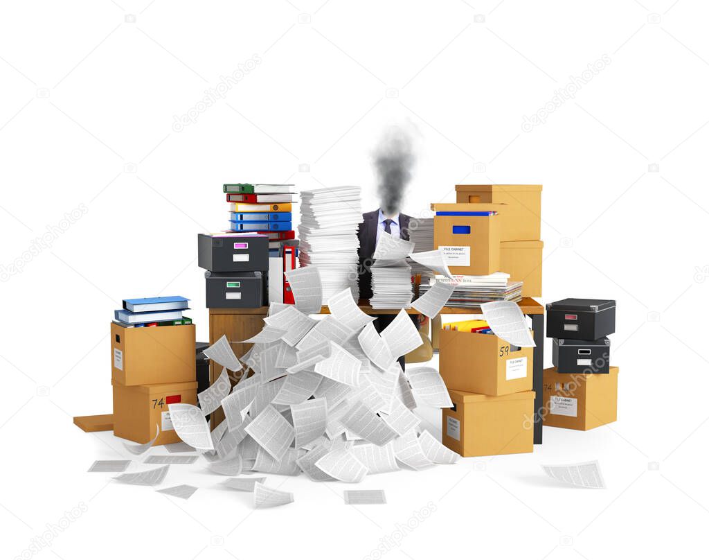 concept of burnout at work, stress. The table is littered with documents, archives and cardboard boxes. 3d illustration